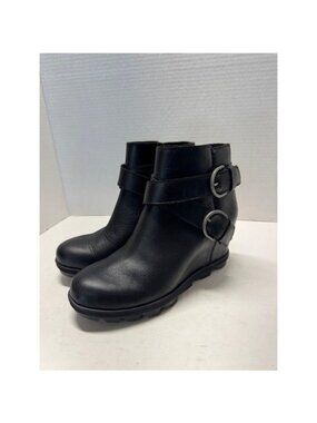 Sorel Joan of Arctic Wedge II Buckle Black Leather Ankle Boots NL3360-010 Size 7